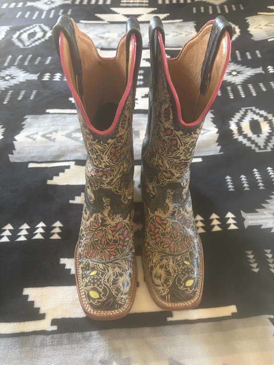 Johnny Ringo Shoes - Johnny Ringo Black Floral Embossed Heeled Boots with Pink Accents